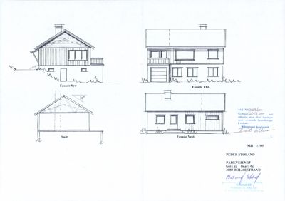 Fasadetegning med oppriss av bygning sett fra fire sider (Sør, Øst, Vest) og et snitt.