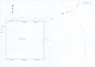 Situasjonsplan som viser en 6x6 meter garasje med angitte avstander til nabohus og en kollektivvei.