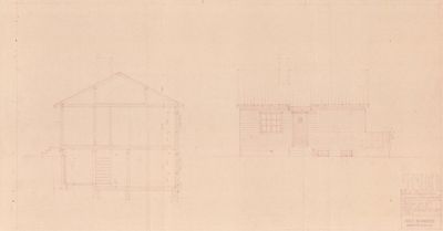 Snittegning av en toetasjes bygning med visuell fremstilling av takkonstruksjon, vinduer og dører.