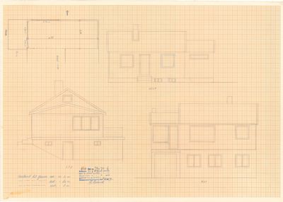 En tegning som viser fasadeopprikk (vest- og østfasade) samt et snitt eller etasjeplan for en bolig.