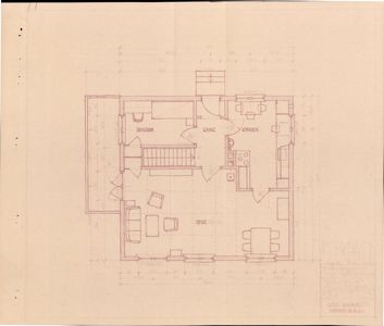 Etasjeplan (1. etasje) som viser romfordeling, møblering og dimensjoner for en leilighet.