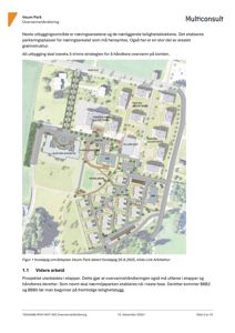 Områdeplan (situasjonsplan) som viser plassering av nye bygg, veier og grønnstruktur på Veum Park.
