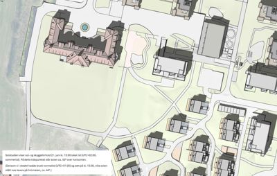 Situasjonsplan med solstudie som viser skyggefall og orientering av bygninger på tomten.