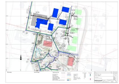 Situasjonsplan som viser tomtens grenser, eksisterende og planlagt bebyggelse (blå blokker), vegnett, grøntområder og tekniske installasjoner.