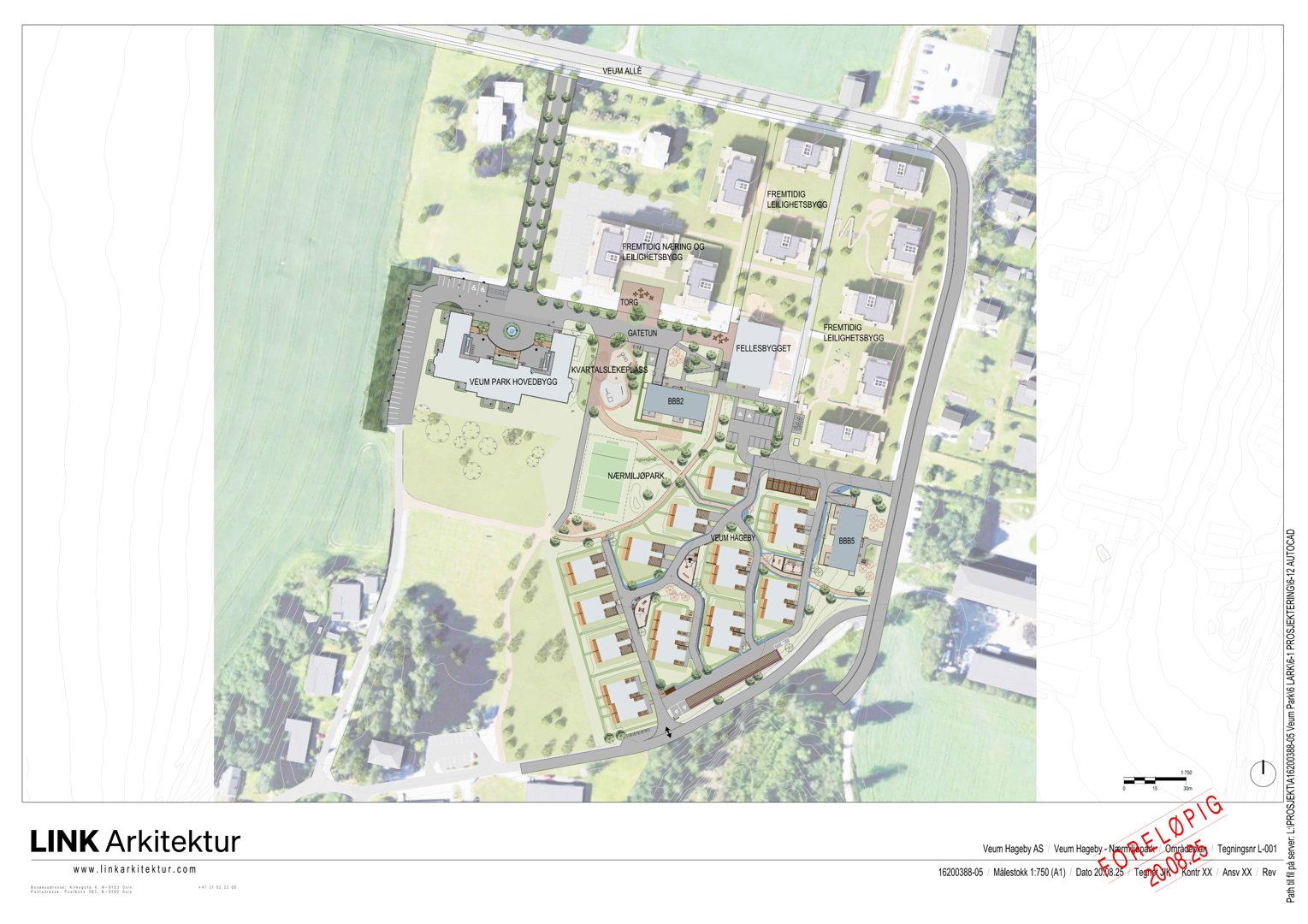 3D-visualisering (rendering) av et boligprosjekt med bygninger, veier og grøntområder.