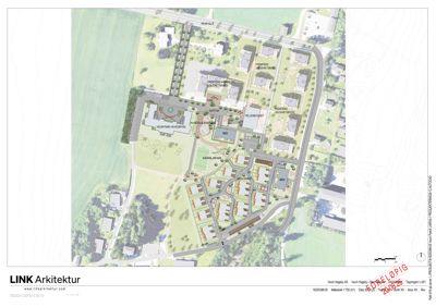 3D-visualisering (rendering) av et boligprosjekt med bygninger, veier og grøntområder.