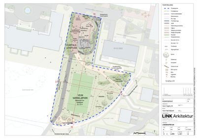 Situasjonsplan (Landskapsplan) som viser plassering av en ny lekeplass og parkområde i forhold til eksisterende bygninger og infrastruktur.