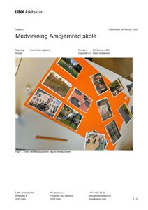 Fotografi av et fysisk utstillingsbord med bilder av lekeapparater, som er en del av en rapport om medvirkning.