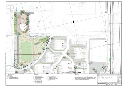 Situasjonsplan som viser tomtens grenser, beplantning (trær og busker), terrengform, veier og plassering av bygninger.