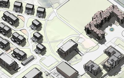 Situasjonsplan som viser plassering av flere bygninger, veier og arealer på en tomt.