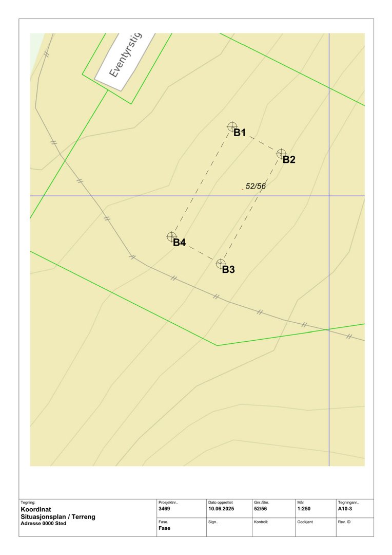 Situasjonsplan / Terreng som viser punkt B1-B4, en grønn linje (Eventyrstig) og terrengkonturer.