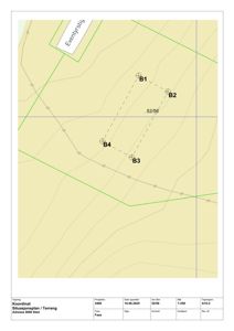 Situasjonsplan / Terreng som viser punkt B1-B4, en grønn linje (Eventyrstig) og terrengkonturer.