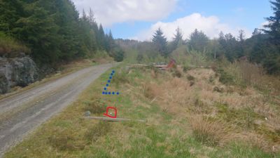 Fotografi av et uteområde med en grusvei, skog og en markert tomt med blå prikker og et rødt symbol.