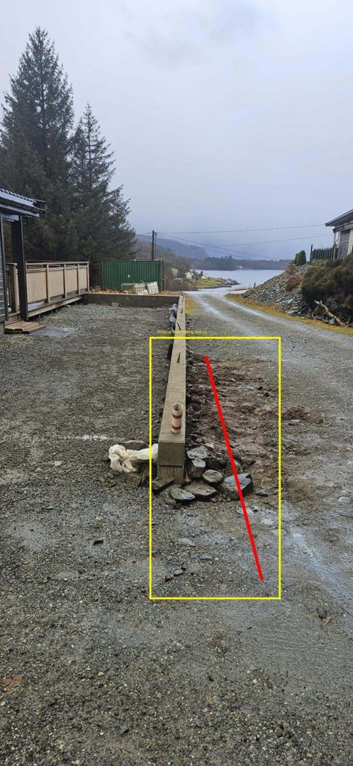 Fotografi av en byggeplass eller tomt med en grusvei, en betongfundamentmur og en del av en eksisterende bygning til venstre. Bildet viser terrenget og forholdene på stedet.