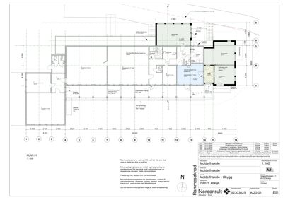 Etasjeplan (PLAN 01) som viser romfordeling, mål og bygningsdeling for Molde friskole.