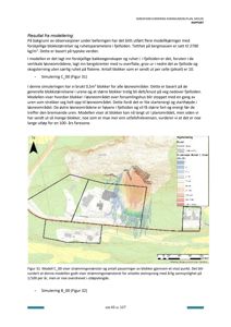 En kartvisning som viser et område med overlappende lag (blokker) og en grafisk representasjon av strømningsmønster eller sannsynlighet for steinsprang, basert på en modellering.