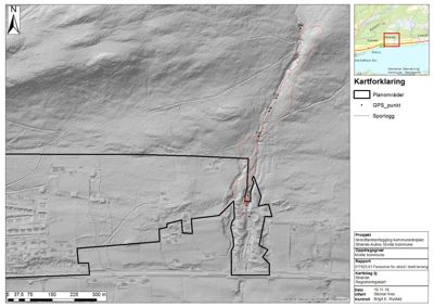 Kart med topografisk terreng, planområder, GPS-punkter og sporlogg for et prosjekt i Strande, Aukra.