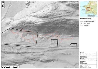 Registreringskart med flyfoto som grunnlag, med overlag av kartleggingsområder, GPS-punkter og sporlogg.