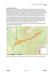 Kart som viser en simulert skredbane (skredmasser) i et planområde, inkludert en vei og elveløp.