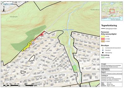 Situasjonsplan som viser terrengforhold, faresoner for skred, og bygningsplassering i et område.