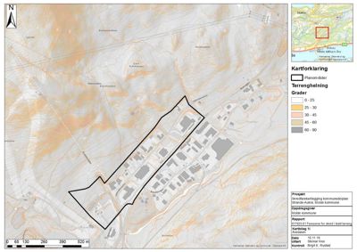 Kart som viser et planområde med terrengfelling, nabolag og infrastruktur.