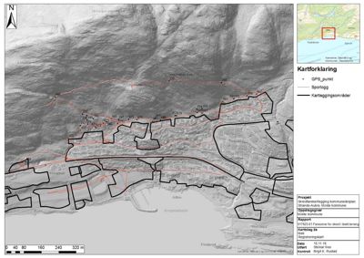 Et kart som viser et byområde med overlagte linjer for kartleggingsområder, GPS-punkter og sporlogg, samt en situasjonsplan i øvre høyre hjørne.