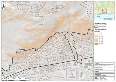 Kart som viser et planområde med terrenghelning, veier og bebyggelse i Molde kommune.