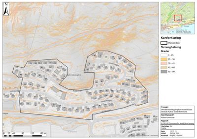 Situasjonsplan som viser et planområde med bebyggelse, terrengforhold og vegnett.