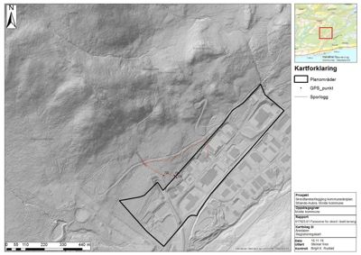 Kart med topografisk underlag, arealplanområde, GPS-punkter og sporlogg for et kommunedelplan-prosjekt.