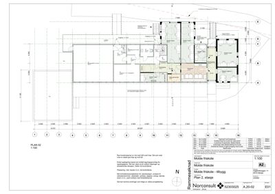 Etasjeplan (Plan 2. etasje) for Molde friskole - tilbygg, som viser romfordeling, dører, vinduer og mål.