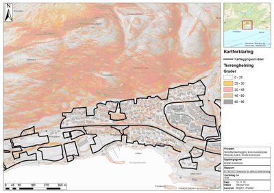 Kart som viser terrenghelning og kartleggingsområder i et byområde, med en innsatt situasjonsplan i øvre høyre hjørne.