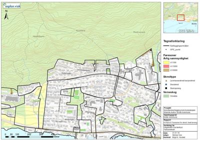Kart som viser faresoner for skred i et byområde med topografi og vegnett.