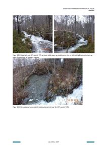 Fotografier av et skredområde med elv og skog, inkludert tekster som beskriver GPS-punkter og erosjon.