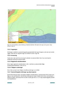 Kart eller situasjonsplan som viser skredfarevurdering for et planområde, inkludert vegetasjon og avrenning.