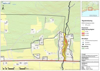 Situasjonsplan som viser terrengforhold, faresoner for skred, og kartleggingsområder i et byggeområde.