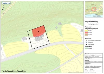 Kart som viser faresoner for skred i et byggeområde med topografi og nabolag.