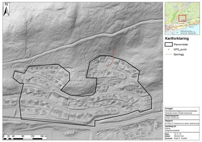 Et situasjonskart eller topografisk kart som viser et boligområde med terrengforhold, veier og en markert planområde.