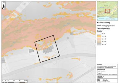 Kart med terrengmodellering (helling), bygningsspor og situasjonsinformasjon for et prosjekt i Strande-Aukra.