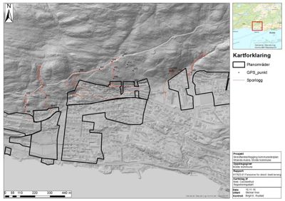 Et kart som viser et område med topografi, bygninger og planområder, inkludert en situasjonskart i øvre høyre hjørne.