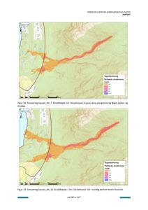 Kart som viser simulerte skredmasser i et landskap, med fargekoding for høyde og en tegneforklaring.