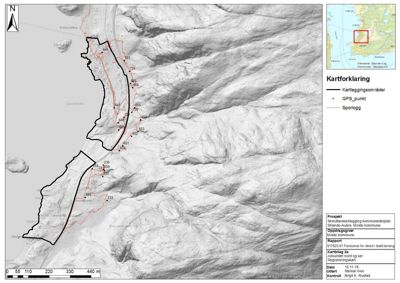 Kart over et kartleggingsområde med topografi, GPS-punkter og sporlogg.