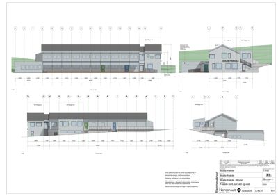 Fasadetegning som viser bygningens utseende fra flere vinkler (sør, øst, vest, nord) med mål og detaljer.