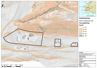 Kart som viser terrengforhold, kartleggingsområder og bygningsplassering i et landskap.