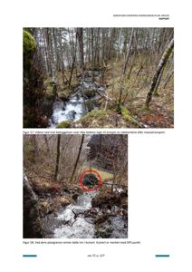 Fotografier av et bekksystem i skog, vist i en skredfarevurderingsrapport.