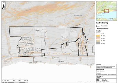 Situasjonsplan som viser et planområde med omgivende terreng, vegnett og topografi.