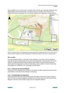 Et kart som viser skredfarevurdering for et planområde, inkludert en modell for strømningsmønster og faresoner.
