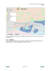 Kart eller situasjonsplan som viser et planområde (Meknakken) med vegetasjon og terrengform, hentet fra ngn.no.