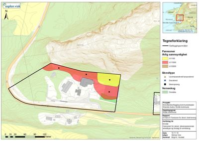Situasjonsplan som viser faresoner for skred, snøskred og verneskog på et kart over et område.