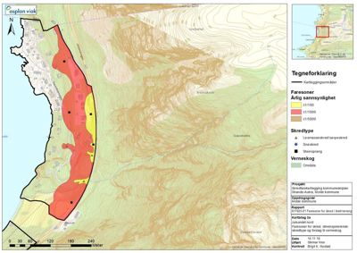 Situasjonsplan som viser faresoner for skred i et kartlagt område med topografi og bygningsplassering.