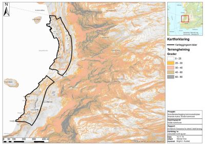 Kart som viser terrenghelning i et kartleggingsområde med en innleget situasjonskart i øvre høyre hjørne.